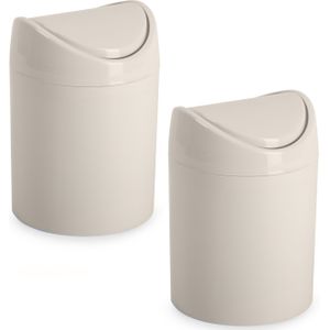 Plasticforte mini prullenbakje - 2x - beige - kunststof - klepdeksel - keuken/aanrecht - 12 x 17 cm