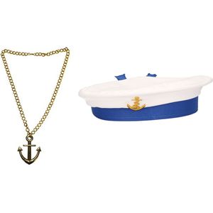 Carnaval verkleed Matrozen hoedje - wit - met gouden anker ketting - volwassenen - accessoires set