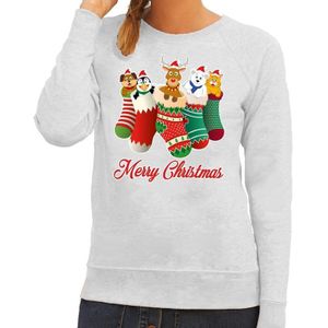 Foute Kersttrui / sweater kerstsokken met diertjes - Merry Christmas - grijs voor dames