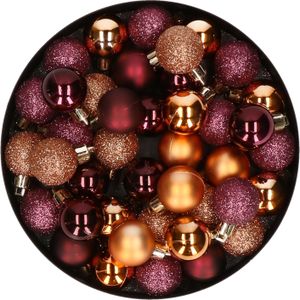 Kleine kunststof kerstversiering 40x stuks set en 3 cm kerstballen in het aubergine en koper - Voor kleine kerstbomen