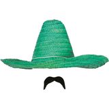 Carnaval verkleed setje - Mexicaanse Sombrero hoed van 59 cm met plak nepsnor - groen - heren