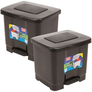 2x stuks dubbele afvalemmer/vuilnisemmer 35 liter met deksel en pedaal - Donkergrijs- vuilnisbakken/prullenbakken - Kantoor/keuken