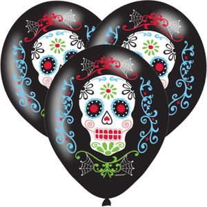6x Zwarte horror ballonnen Day of the dead sugarskull print 27,5 cm - Halloween ballon decoratie en versiering