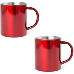 4x Drinkbeker/mok rood 280 ml - RVS - Rode mokken/bekers voor onbijt en lunch