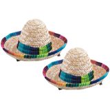 Funny Fashion Mexicaanse mini Sombrero hoedje - 2x - carnaval/verkleed accessoires - multi kleuren - stro