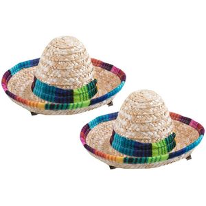 Funny Fashion Mexicaanse mini Sombrero hoedje - 2x - carnaval/verkleed accessoires - multi kleuren - stro