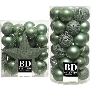70x stuks kunststof kerstballen met ster piek salie groen mix - Kerstversiering/kerstboomversiering