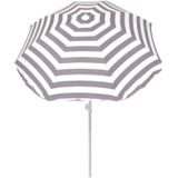 Voordelige set: grijs/wit gestreepte parasol en rotan kunststof parasolvoet wit - diameter parasol 180 cm