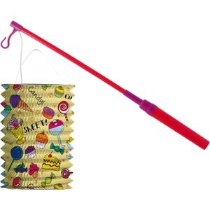 Trek lampion snoep - geel - H16 cm - papier - met lampionstokje - 40 cm