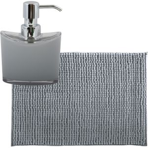 MSV badkamer droogloop mat/tapijtje - 50 x 80 cm - en zelfde kleur zeeppompje 260 ml - lichtgrijs