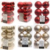 Kerstversiering kunststof kerstballen kleuren mix rood/champagne 4-6-8 cm pakket van 68x stuks