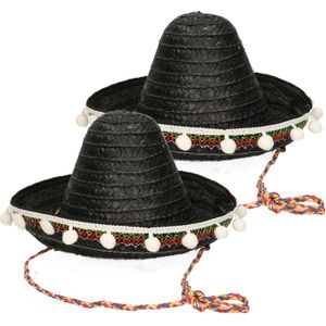 2x stuks zwarte Mexicaanse verkleed sombrero hoed 25 cm voor kinderen - Carnaval hoeden