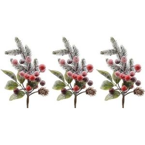 3x Kerststukje stekertjes met bessen en sneeuw groen/rood 20 cm
