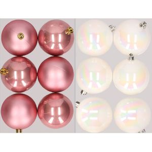 12x stuks kunststof kerstballen mix van oudroze en parelmoer wit 8 cm - Kerstversiering