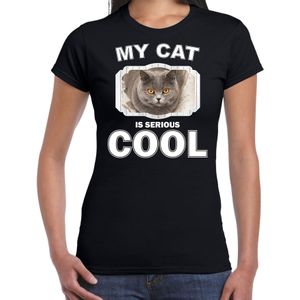 Britse korthaar katten t-shirt my cat is serious cool zwart - dames - katten / poezen liefhebber cadeau shirt