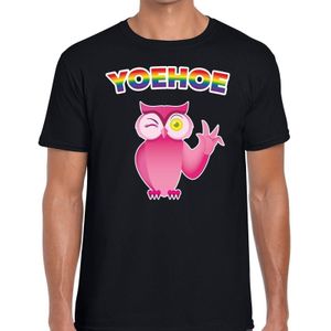 Yoehoe gay pride knipogende roze uil t-shirt -  zwart shirt met yoehoe uil en regenboog tekst voor heren -  Gay pride kleding