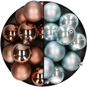 Kunststof kerstballen 6 cm - 24x st- bruin en lichtblauw
