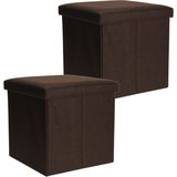 H&amp;S Collection Poef/hocker/voetenbankje - 2x - opbergbox - bruin - polyester - 38 x 38 cm - opvouwbaar