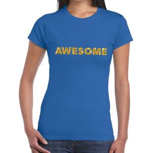 Awesome goud glitter tekst t-shirt blauw voor dames