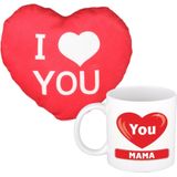 I love you Mama - mok/beker - 300 ml - incl. sierkussentje hart vorm - 15 cm