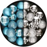 Decoris kleine kerstballen - 28x st - zilver en ijsblauw - 3 cm - kunststof