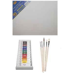 Schilders verf set van 12x tubes acrylverf/hobbyverf 12 ml + doek van 40 x 60 cm + 5x kwasten - basic kleuren in knijptubes