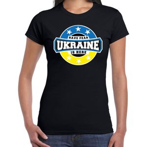 Have fear Ukraine is here t-shirt met sterren embleem in de kleuren van de Oekraiense vlag - zwart - dames - Oekraine supporter / Oekraiens elftal fan shirt / EK / WK / kleding