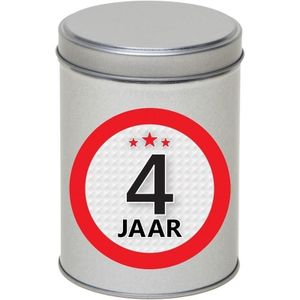 Cadeau/kado zilver rond blik 4 jaar 13 cm - Snoepblikken - Cadeauverpakking voor verjaardag