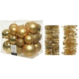 Kerstversiering kunststof kerstballen 6-8-10 cm met folieslingers pakket goud van 28x stuks - Kerstboomversiering