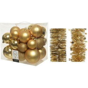 Kerstversiering kunststof kerstballen 6-8-10 cm met folieslingers pakket goud van 28x stuks - Kerstboomversiering