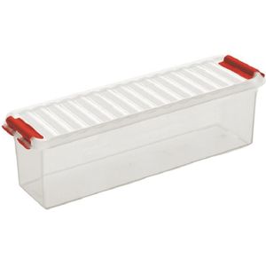 Sunware Q-Line opberg box/opbergdoos 1,3 liter 27 x 8,4 x 9 cm kunststof - Langwerpige/smalle opslagbox - Opbergbak kunststof transparant/rood