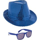 Carnaval verkleed setje - glitter pailletten hoedje en party zonnebril - blauw - volwassenen