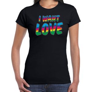 Bellatio Decorations Gay Pride t-shirt met tekst - dames - zwart - I want love - LHBTI/LHBTIQ
