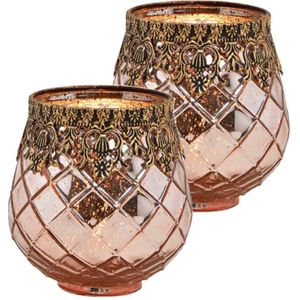 Set van 2x stuks glazen design windlicht/kaarsenhouder in de kleur rose goud met formaat 13 x 14 x 13 cm. Voor waxinelichtjes