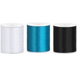 3x rollen satijnlint zwart-wit-turquoise blauw 10 cm x 25 meter - Hobby cadeaulint sierlint