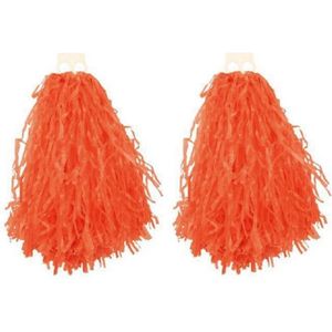 6x Stuks cheerball/pompom oranje met ringgreep 28 cm - Cheerleader verkleed accessoires