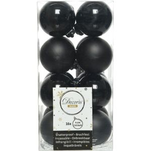 Decoris kleine kerstballen - 16x st - zwart - 4 cm - kunststof - onbreekbare kerstballen kerstversiering