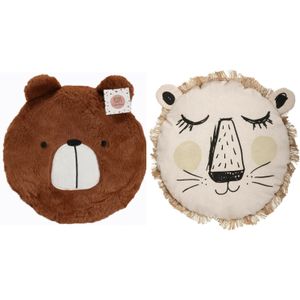 Dieren sierkussen set kinderkamer - bruine beer en leeuw - 27/38 cm - polyester