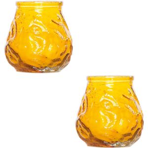 2x Gele mini lowboy tafelkaarsen 7 cm 17 branduren - Kaars in glazen houder - Horeca/tafel/bistro kaarsen - Tafeldecoratie - Tuinkaarsen