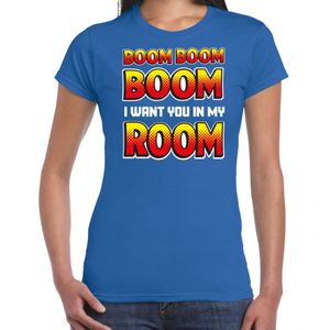 Bellatio Decorations foute party t-shirt dames - Boom boom boom i want you in my room - blauw -carnaval