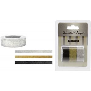 Washi tape met glitters 3 stuks - Washitape zwart/goud/zilver 3x