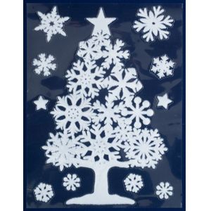 1x Kerst raamversiering raamstickers witte kerstboom 29,5 x 40 cm - Raamversiering/raamdecoratie stickers