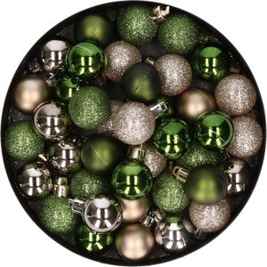 Kleine kunststof kerstballen 40x stuks - 3 cm - champagne en groen