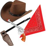 Carnaval verkleeds set cowboyhoed Billy - bruin - rode hals zakdoek - holster met revolver