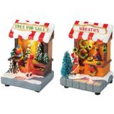 Set van 2x stuks Kerstdorp kerstbomen winkeltje en kransen winkeltje met verlichting 11 cm - Kerstversiering kerstdorp maken