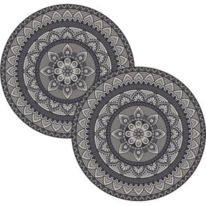 2x stuks mandela stijl ronde grijze placemats van vinyl D38 cm - Antislip/waterafstotend - Stevige top kwaliteit