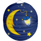 Bol lampion maan - donker blauw - 22 cm - papier - met lampionstokje -  40 cm