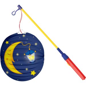 Bol lampion maan - donker blauw - 22 cm - papier - met lampionstokje -  40 cm