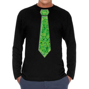 Bellatio Decorations Verkleed shirt heren - stropdas paillet groen - zwart - carnaval - longsleeve