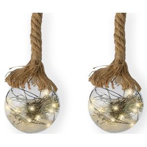 2x stuks verlichte glazen kerstballen aan touw met 30 lampjes zilver/warm wit 14 cm - Decoratie kerstballen met licht